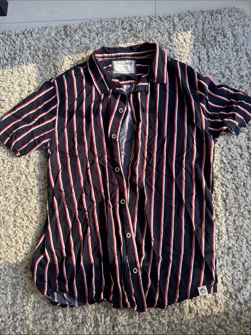 Free Planet Navy Short Sleeve Button-Up with Pink and White Stripes